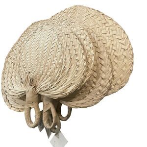Set of 4 10" Natural Raffia Fans Handwoven Bohemian Handheld Decorative Decor